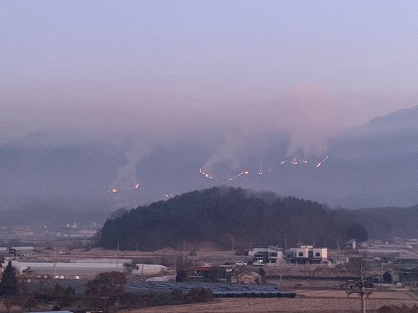 4일 오후 강원도 춘천시 신북읍 발산리에서 발생한 산불 진화 작업이 5일 오전 재개됐다. [강원도 산불방지대책본부 제공]