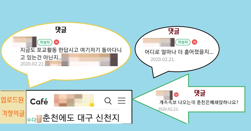 21일 새벽 춘천 한 온라인 카페에 '춘천에도 대구 신천지 집회 다녀온 사람이 있다'는 내용의 글이 올라오자 각종 불안감을 드러내는 댓글이 쏟아졌다. (그래픽=신관호)