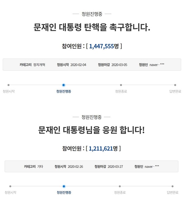 청와대 국민청원 게시판에 올라온 문재인 대통령의 탄핵 촉구글과 반대글. 사진/청와대 국민청원 캡처