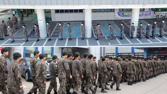 10일 오전 강원 춘천시 신사우도서관에 마련된 사전투표소에서 군인들이 소중한 표를 행사하고자 거리를 두고 줄지어 서 있다(사진 위). 2016년 20대 총선 사전투표 첫날 당시 춘천 신북읍사무소에서 군인들이 줄지어 투표를 기다리는 모습(사진 아래). 사진/ 연합뉴스