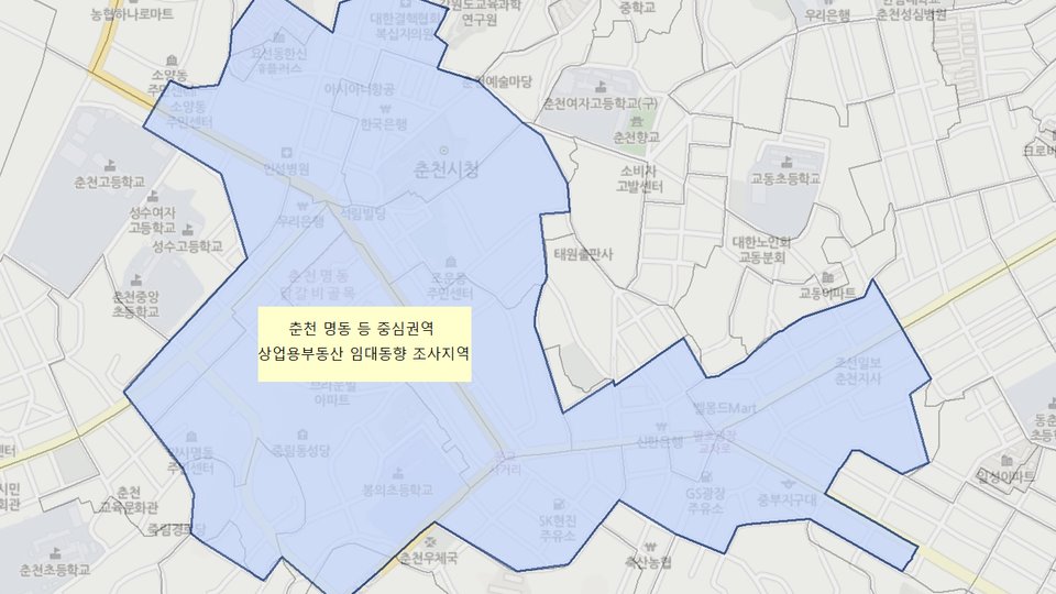 한국감정원의 춘천 명동 등 중심권역 상업용부동산 임대동향 조사지역. (그래픽=한국감정원)