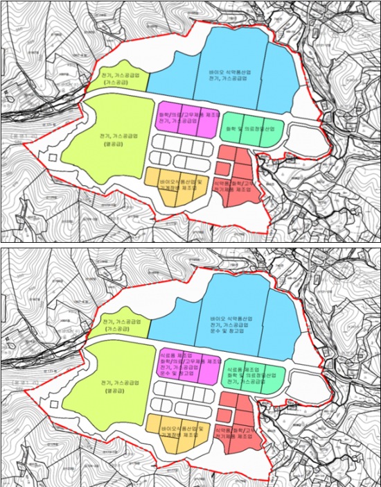  업종별 배치 계획도(배치전 사진 위, 배치후 사진 아래) (자료제공=춘천시)