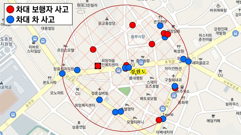 도로교통공단 교통사고분석시스템(TAAS)에 나타난 2016~2018년 동부시장 인근 교통사고 현황. (CG=박지영 기자)