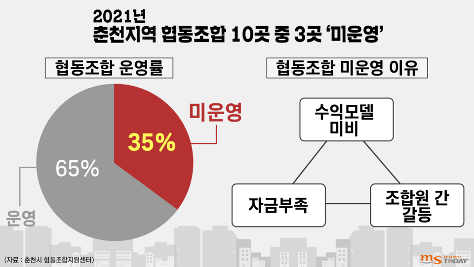 춘천시내 협동조합 중 35%는 ‘사업 미운영 상태’다. (그래픽=박지영 기자)