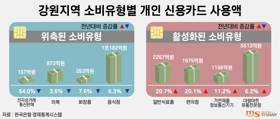 강원지역 소비유형별 개인 신용카드 사용액 추이. (그래픽=박지영 기자)