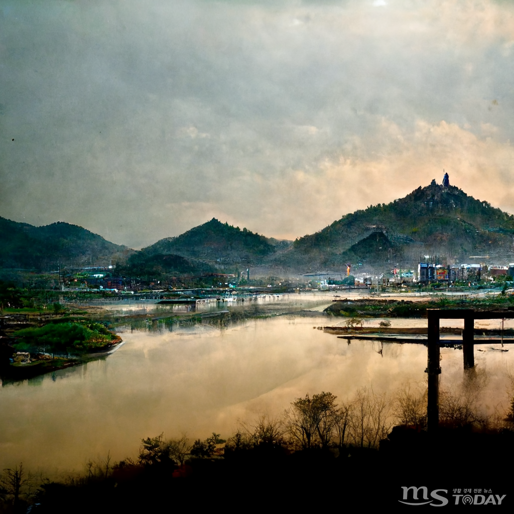 검색 값으로 'Chuncheon City'를 입력하자 AI 프로그램이 춘천시의 모습을 불과 몇 초 만에 그려냈다. 호반의 도시라는 명성에 걸맞게 유려한 수변 풍경을 보여준다. 실제 구글 등 포털사이트에 'Chuncheon City'를 검색하면 춘천 호반의 모습이 많이 노출된다. (사진=Midjourney)