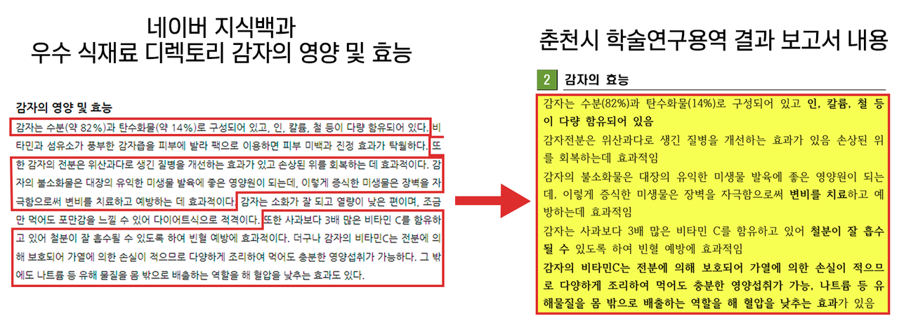 네이버 지식백과 우수 식재료 디렉토리 감자의 영양 및 효능(왼쪽)과 춘천시가 주모협동조합에 발주한 ‘2022년 농산물 가공기술 표준화(반찬류) 사업 연구 용역’ 결과보고서(오른쪽). 출처도 밝히지 않고 검색 내용을 그대로 인용했다. (그래픽=박지영 기자)