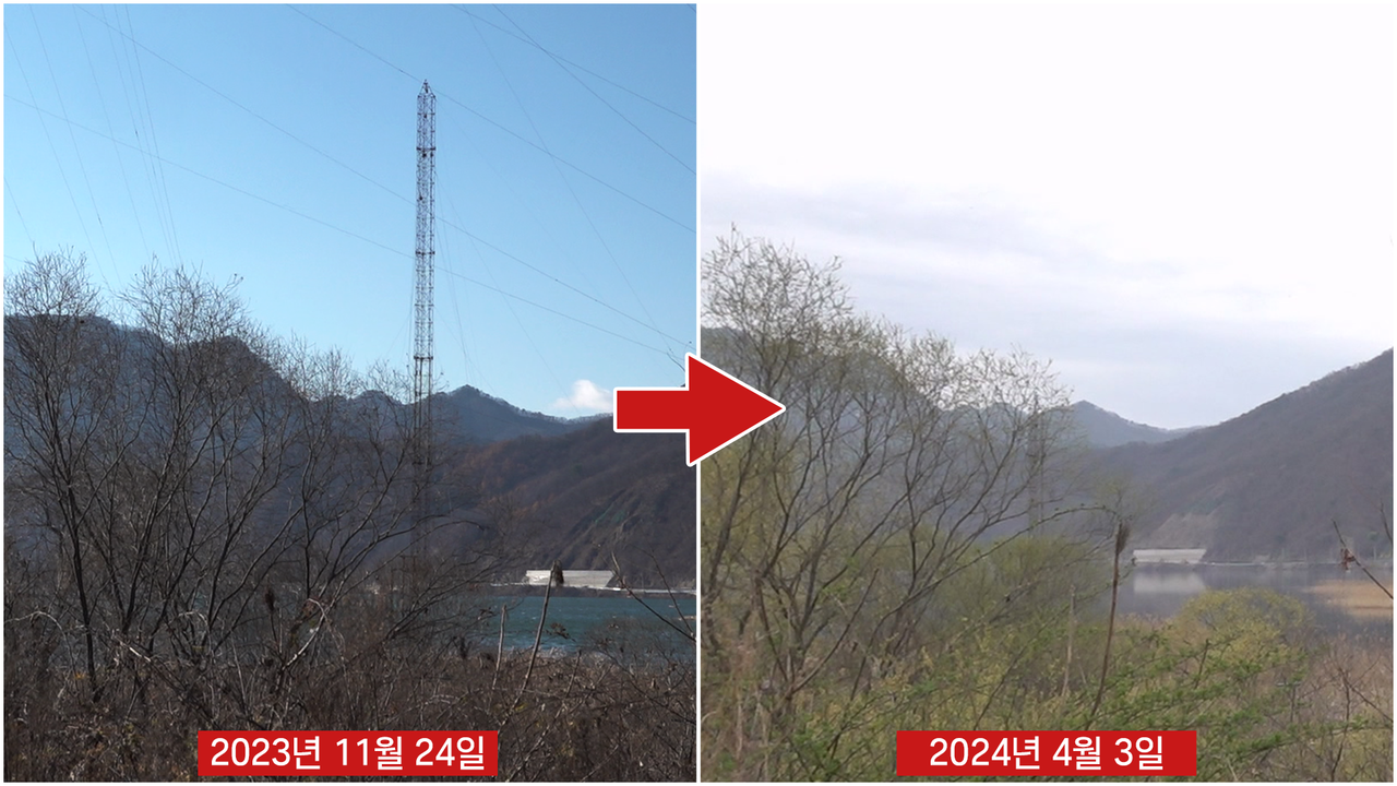  하중도 수변생태공원 산책로에 설치돼 있던 철탑은 이달 말까지 철거 완료 예정이다. (사진=박지영 기자)