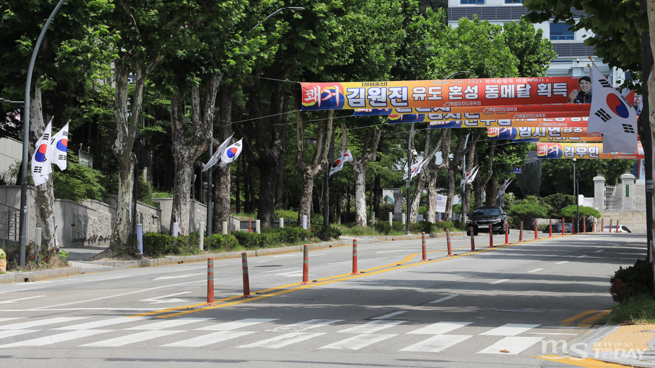 강원특별자치도청 앞 도로에 물결을 이루듯 내걸린 태극기. (사진=박지영 기자)